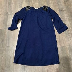 Everly navy dress with black leather shoulder